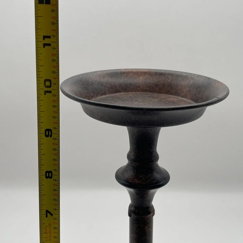 Rustic Bronze Metal Pillar Candle Holder 9.5 Inch Antiqued Tiered Base Stand